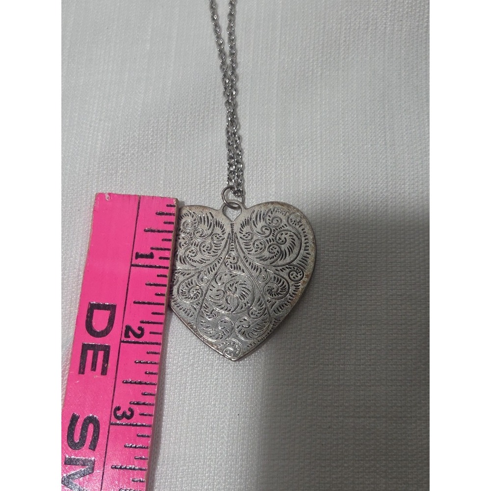 Silver Tone Heart Necklace Western Style Boho Engraved Large - Picture 4 of 6